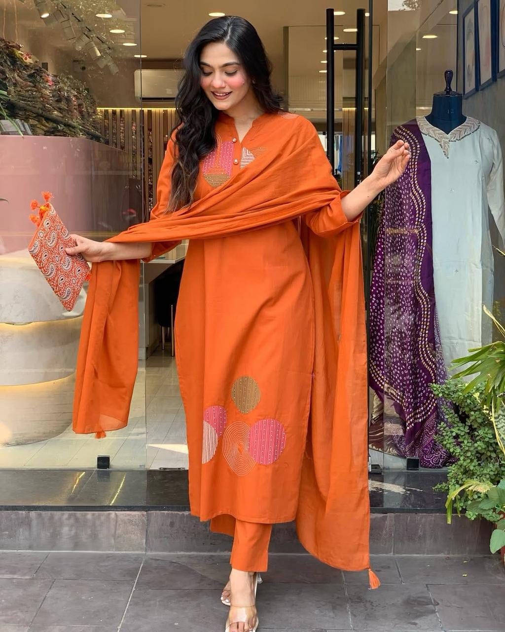 Roman Embroidered Chanderi Silk Dupatta Straight Salwar Set